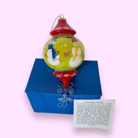 Le Bien Glass Reverse Painted Finial Christmas Ornament Snowmen 5” - Picture 1 of 13